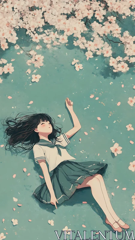 Daydreaming schoolgirl adrift beneath drifting cherry clouds.