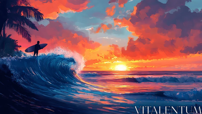 Vibrant seascape sunset with silhouetted surfer on breaking wave