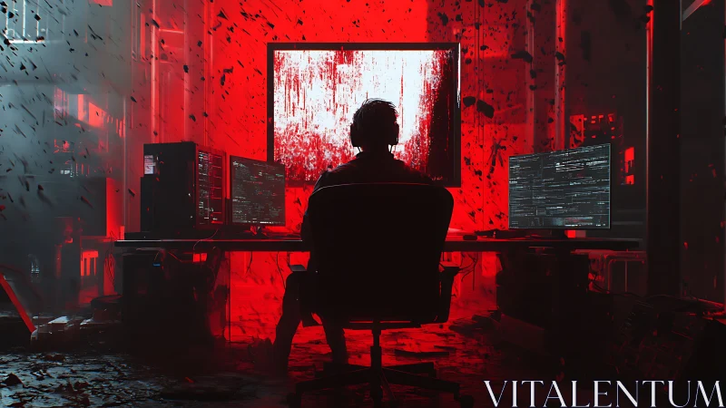 Midnight code conjurer before a bleeding neon firewall.