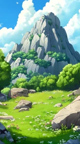 Sunlit alpine meadow below granitic peak in clear summer sky