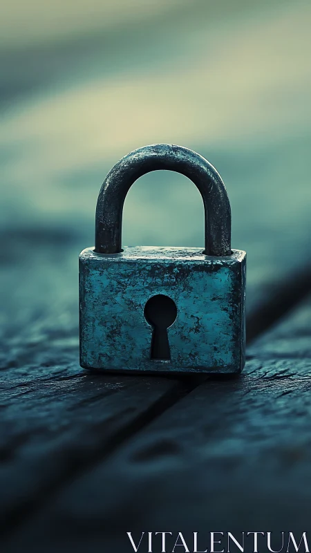 Weathered steel padlock in cool-toned shallow depth focus.