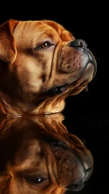 Reflected mastiff portrait captures soulful canine gaze.