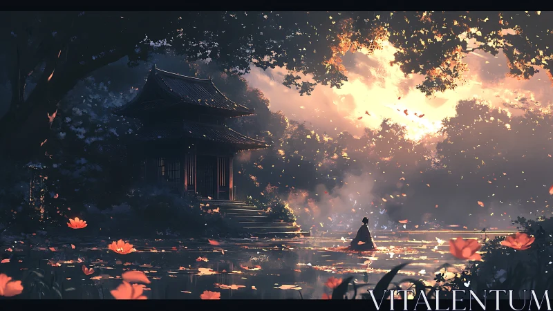 Sunlit temple pond embraces a lone meditating figure.