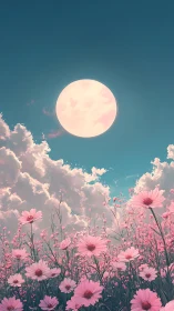 Full Moon Over Pink Wildflower Field at Twilight