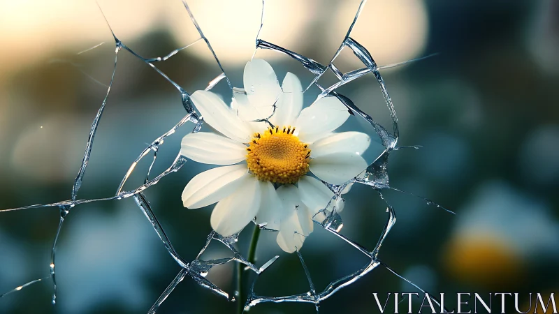 Daisy macro framed by fractured glass shards in soft bokeh.