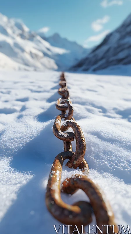 Rusty metal chain receding across snow in mountain valley.