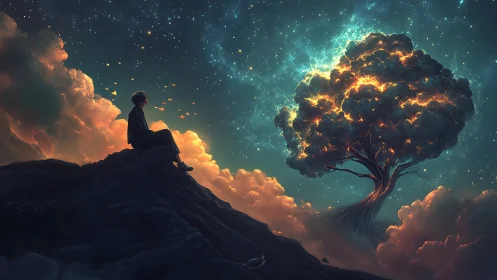 Star-dusted dreamer watching a celestial ember tree ignite.