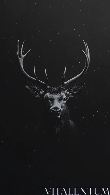 Stag head with antlers on dark monochrome background.