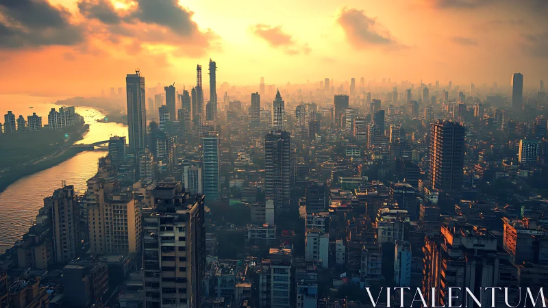 Dense riverside megacity skyline under warm atmospheric haze at dusk