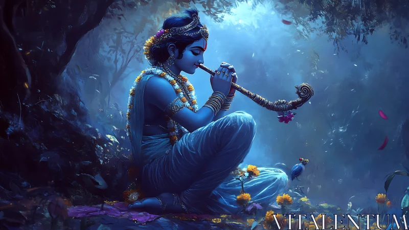 Blue-skinned deity playing flute in moonlit forest scene.