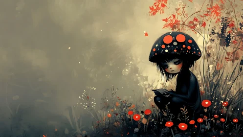 Digital painting of melancholy mushroom girl in autumn glade.