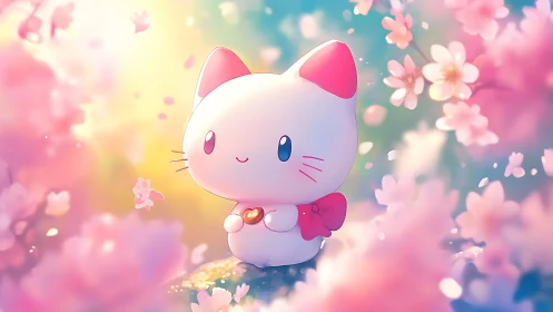 Cute chibi cat idol amid glowing cherry blossoms.
