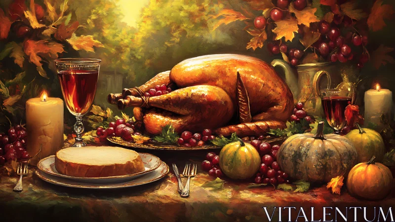 Digital painting of autumn harvest feast with roast turkey centerpiece.