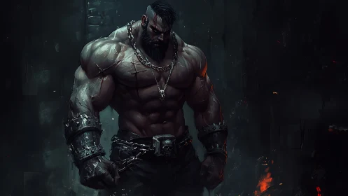 Towering warrior stands in chains amid a brooding dark fire