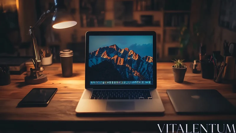Calibrated laptop workstation under warm task lighting glow.