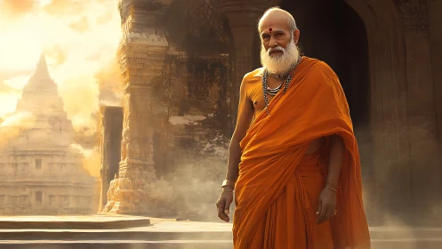 Serene elderly monk walks through sunlit ancient temple courtyard.