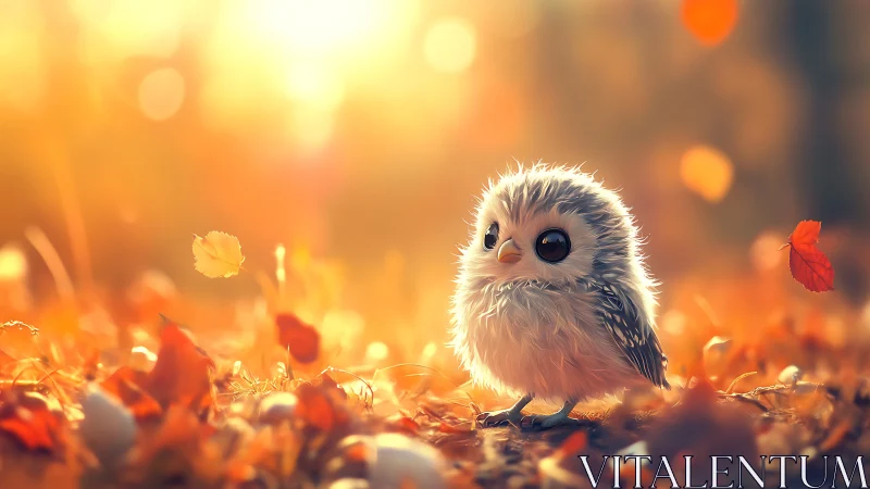 Adorable Fluffy Baby Bird in Soft Autumn Light, Digital Art.