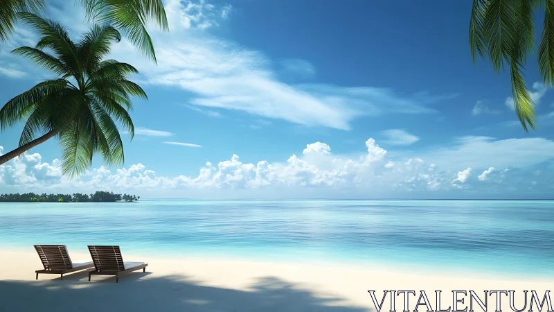 Tropical Paradise Beach With Lounge Chairs and Palm Trees.