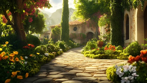 Sunlit cobblestone path curves through lush Mediterranean garden