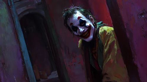 Psychotic clown portrait framed in skewed, neon alley composition