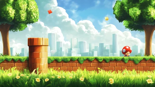 Side-scrolling platform landscape merges cartoon terrain and city skyline