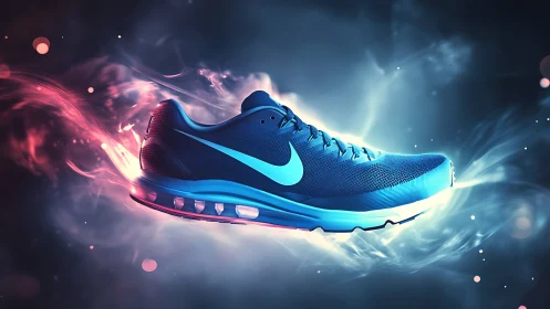 Futuristic blue running shoe floats in glowing energy halo.