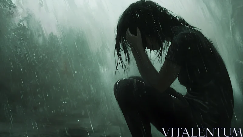 Silhouetted figure seated in heavy rainfall outdoors.