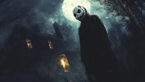 Masked figure stalks moonlit haunted house in fog.