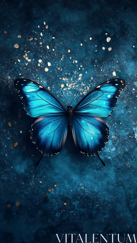 Midnight sapphire butterfly poised in cosmic dust bloom.