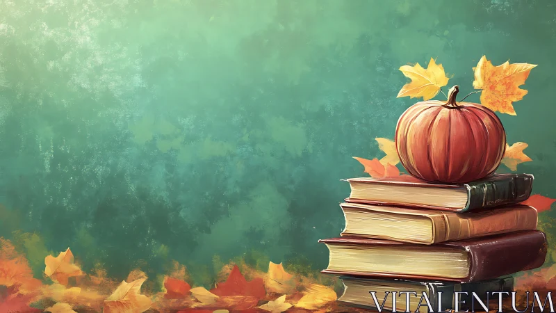 Autumn still life with stacked vintage books and pumpkin centerpiece