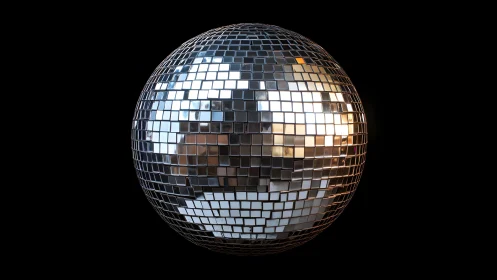 Mirror-tiled disco ball glows against deep black backdrop.