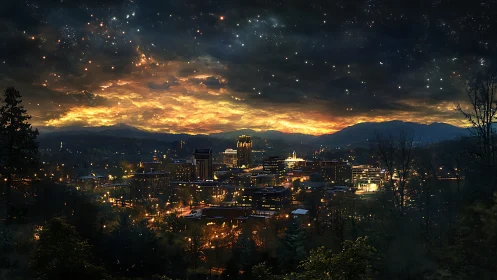 Illuminated cityscape below dense clouds and star field.