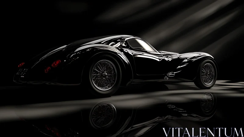 Sculpted black classic coupe glowing in soft studio light.