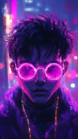Neon lit dreamer in glowing pink glasses and city lights.