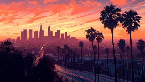 Sunset boulevard view of Los Angeles skyline in neon dusk tones.