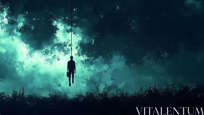 Silhouetted figure suspended on rope above dark terrain.