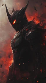Armored infernal warrior emerges from embers in profile view