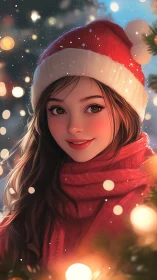 Smiling girl in Santa hat stands among warm holiday lights