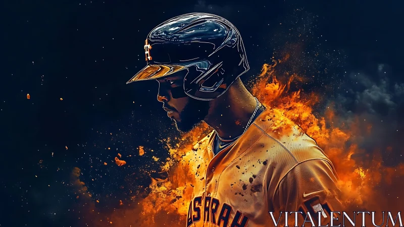 Digital painting of intense baseball player in fiery composition.