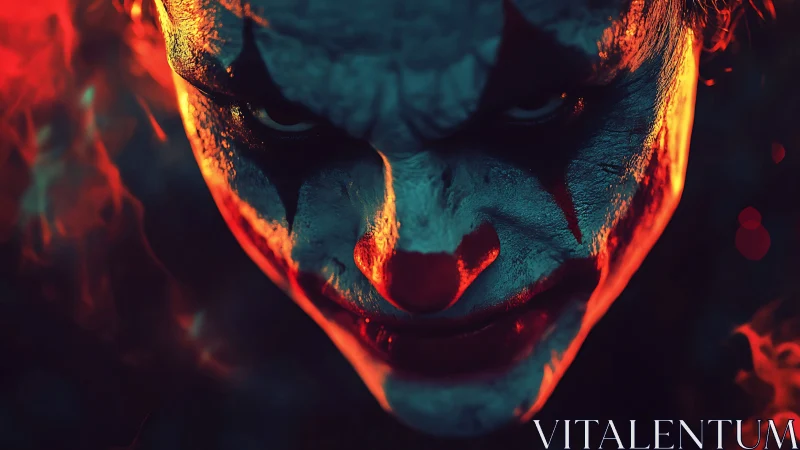 Intense clown close-up glowing with fiery dramatic light.