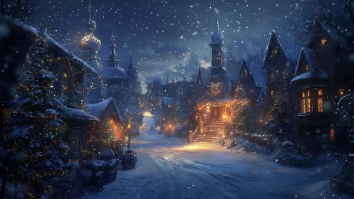 Snowy village street glows with warm festive winter lights