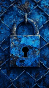 Weathered blue padlock on metal chain-link fence surface.