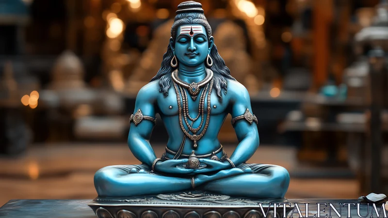 Azure meditating deity glows softly amid molten golden blur