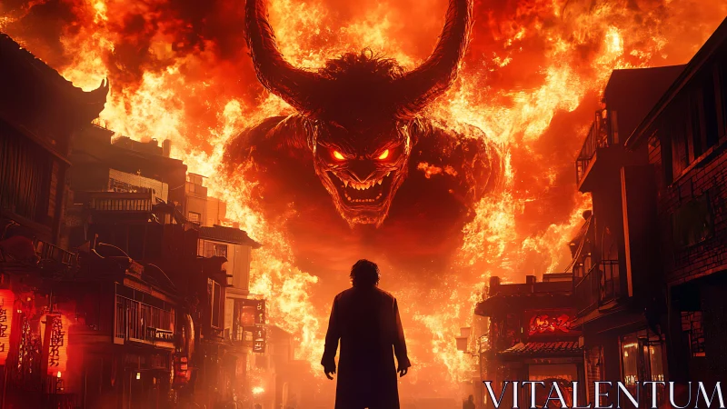 Streetlit inferno showdown with a horned titan of flame.