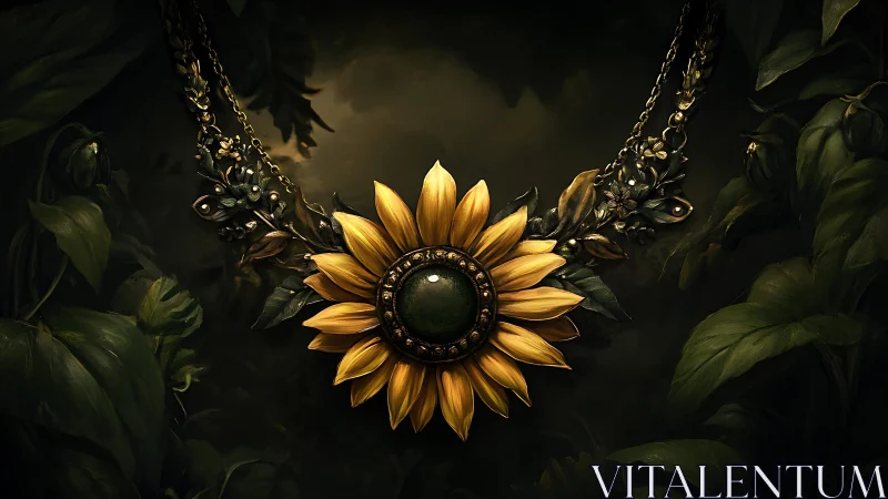 Sunflower gemstone necklace glows through deep forest shadows.