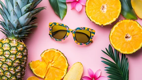 Top-down tropical flat lay aligns pineapple slices with floral sunglasses
