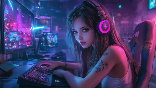 Female gamer at RGB-lit PC gaming setup in dark room.