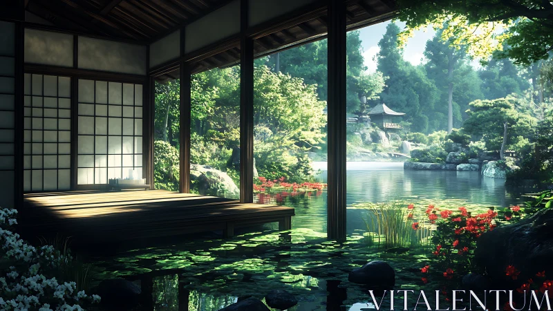 Japanese lakeside pavilion overlooks tranquil garden pond