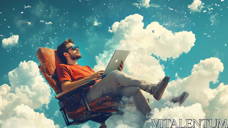 Man in recliner with laptop positioned among bright clouds.