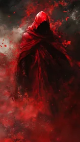 Hooded crimson wraith emerging through swirling blood mist.